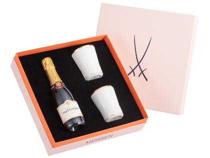 Meissen Geschenk-Set Taittinger Champagner mit zwei weißen Champagnerbecher und Glanzgold – Porzellanwaren Tafelporzellan in weiß und aus Porzellan.