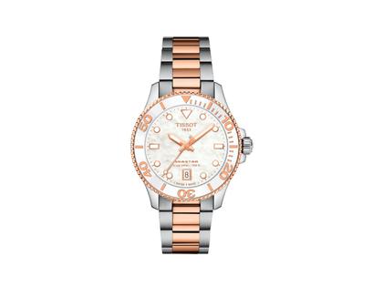 Tissot Seastar 1000 Quarz Edelstahl PVD-Roségold 36mm Perlmutt-Zifferblatt Metallband bicolor – Damenuhren Uhr mit Datum aus Edelstahl. Das Gehäuse ist rund und silber. Das vergoldetes Edelstahlarmband ist silber-roségold. Das Zifferblatt ist ein Index in weiß.