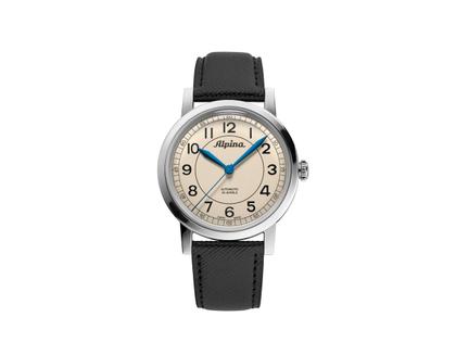 Herrenuhren Uhr ohne Datum aus Edelstahl und Leder. Das Gehäuse ist rund und silber. Das Lederarmband ist schwarz. Das Zifferblatt ist arabisch Index und beige.