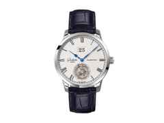 Glashütte Original Senator Alfred Helwig Tourbillon Automatik Weißgold 42mm weißes Zifferblatt blaues Lederband Limited Edition – Herrenuhren Uhr mit Datum aus 750 Weißgold. Das Gehäuse ist rund und silber. Das Lederarmband Kroko / Alligator ist blau. Das Zifferblatt ist römisch und silber.
