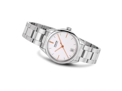 Union Glashütte Viro Datum Automatik Edelstahl 34mm silberfarbenes Zifferblatt Metallband – Damenuhren Uhr mit Datum aus Edelstahl. Das Gehäuse ist rund und silber. Das Edelstahlarmband ist silber. Das Zifferblatt ist ein Index in silber. – Ansicht 4