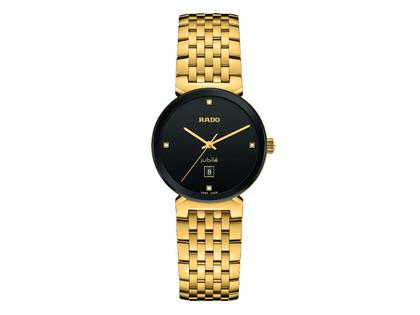 Damenuhren Uhr mit Datum aus Edelstahl, PVD beschichtet und vergoldet. Das Gehäuse ist rund und gelbgold. Das Edelstahlarmband ist gelbgold. Das Zifferblatt ist ein Index in schwarz.