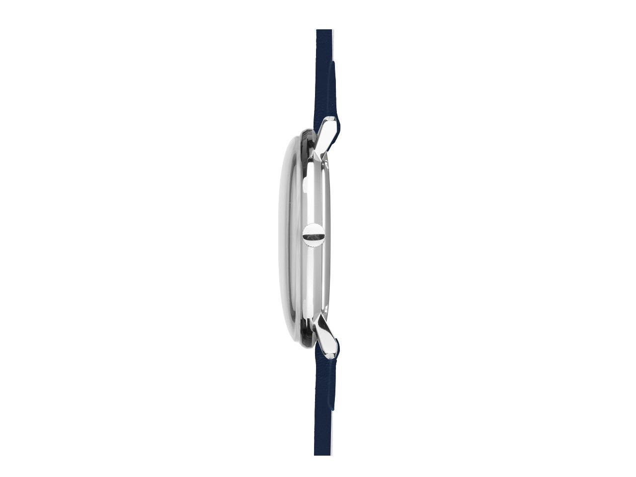 Junghans Max Bill Damen Quarz Edelstahl 32,7mm weißes Zifferblatt dunkelblaues Lederband – Damenuhren Uhr mit Datum aus Edelstahl. Das Gehäuse ist rund und silber. Das Lederarmband ist blau. Das Zifferblatt ist arabisch Index und weiß. – Ansicht 3