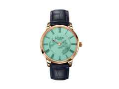 Glashütte Original Senator Meissen Mystic Maison Celadon Green Automatik Roségold 40mm grünes Porzellan-Zifferblatt blaues Lederband limitiert – Herrenuhren Uhr ohne Datum aus 750 Rotgold und Leder. Das Gehäuse ist rund und roségold. Das Lederarmband Kroko / Alligator ist blau. Das Zifferblatt ist römisch und grün.