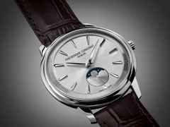 Frederique Constant Classics Moneta Moonphase Quarz 37mm silberfarbenes Zifferblatt braunes Lederband – Herrenuhren Uhr ohne Datum aus Edelstahl und Leder. Das Gehäuse ist rund und silber. Das Lederarmband ist braun. Das Zifferblatt ist ein Index in silber. – Ansicht 3