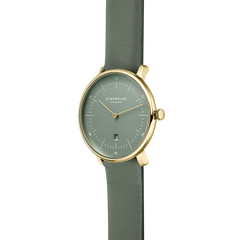 Sternglas Naos XS Edition Flora Quarz Edelstahl PVD-Gelbgold 33mm grünes Zifferblatt grünes Lederband – Damenuhren Uhr mit Datum aus Edelstahl und PVD beschichtet. Das Gehäuse ist rund und gelbgold. Das Lederarmband ist grün. Das Zifferblatt ist ein Index in grün. – Ansicht 2