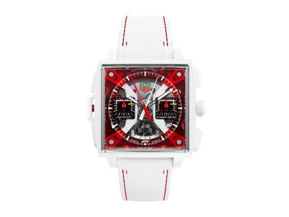 TAG Heuer Monaco Split-Seconds Chronograph F1 Automatik Keramik 41mm skelettiertes Zifferblatt weißes Lederband – Herrenuhren Chronograph aus Keramik, Leder und Titan. Das Gehäuse ist quadratisch und weiß. Das Lederarmband ist weiß. Das Zifferblatt ist ein Index in transparent.