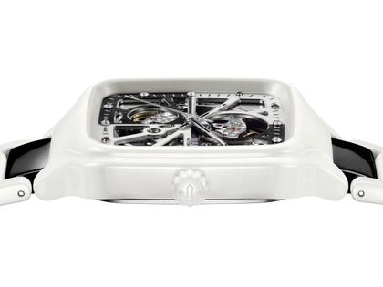 Rado True Square Open Heart Diamonds Automatik Keramik 38mm weißes Zifferblatt weißes Keramikband limitiert – Herrenuhren Uhr ohne Datum aus Keramik und Titan. Das Gehäuse ist quadratisch und weiß. Das Keramikarmband ist weiß. Das Zifferblatt ist skelettiert und weiß. – Ansicht 3