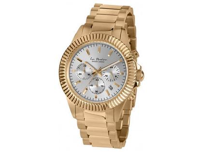 Jacques Lemans La Passion Quarz  Chrono    IP gelb Edelstahl silber Edelstahlband – Herrenuhren Chronograph aus Edelstahl. Das Gehäuse ist rund und gelbgold. Das vergoldetes Edelstahlarmband ist gelbgold. Das Zifferblatt ist ein Index in silber.