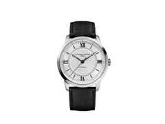 Frederique Constant Classics Premiere Automatik Edelstahl 38,5mm weißes Zifferblatt schwarzes Lederband – Herrenuhren Uhr ohne Datum aus Edelstahl und Leder. Das Gehäuse ist rund und silber. Das Lederarmband ist schwarz. Das Zifferblatt ist römisch Index und weiß.