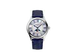 Frederique Constant Classics Elegance Luna Automatik Edelstahl 36mm weißes Zifferblatt blaues Lederband – Damenuhren Uhr ohne Datum aus Edelstahl und Leder. Das Gehäuse ist rund und silber. Das Lederarmband ist blau. Das Zifferblatt ist römisch und weiß.