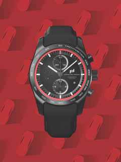 Porsche Design Custom Built Timepieces Watchmakers Choice "IndischRot" Chronograph Automatik Titan Schwarz 42mm schwarzes Zifferblatt schwarzes Lederband – Herrenuhren Chronograph aus Edelstahl, Leder, Titan und Titancarbid beschichtet. Das Gehäuse ist rund und schwarz. Das Lederarmband ist schwarz. Das Zifferblatt ist ein Index in schwarz. – Ansicht 5