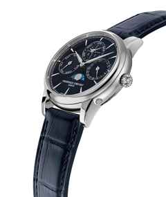 Frederique Constant Classic Perpetual Calendar Manufacture Automatik Edelstahl 40mm blaues Zifferblatt Lederband – Herrenuhren Uhr mit Kalender aus Edelstahl. Das Gehäuse ist rund und silber. Das Lederarmband Kroko / Alligator ist blau. Das Zifferblatt ist ein Index in blau. – Ansicht 2