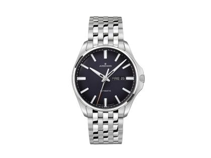 Junghans Meister S Automatic Edelstahl 40mm nachtblaues Zifferblatt Metallband – Herrenuhren Uhr mit Datum aus Edelstahl. Das Gehäuse ist rund und silber. Das Edelstahlarmband ist silber. Das Zifferblatt ist ein Index in blau.