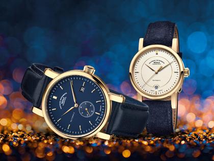 Mühle Glashütte Teutonia IV Lady Gold Limited Edition Automatik Gelbgold 33,5mm beiges Zifferblatt blaues Lederband – Damenuhren Uhr mit Datum aus 1000 Platin. Das Gehäuse ist rund und gelbgold. Das Lederarmband ist blau. Das Zifferblatt ist ein Index in blau. – Ansicht 2