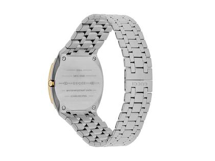 Gucci 25H Quarz Edelstahl 34mm goldenes Zifferblatt Metallband YA163403 – Damenuhren Uhr ohne Datum aus 750 Gelbgold, Edelstahl und vergoldet. Das Gehäuse ist rund und silber-gelbgold. Das Edelstahlarmband ist silber. Das Zifferblatt ist ein Index in gelbgold. – Ansicht 2
