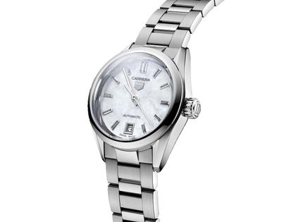 TAG Heuer Carrera Date Automatik Edelstahl 29mm weißes Perlmutt-Zifferblatt Metallband – Damenuhren Uhr mit Datum aus Edelstahl. Das Gehäuse ist rund und silber. Das Edelstahlarmband ist silber. Das Zifferblatt ist ein Index in weiß. – Ansicht 2