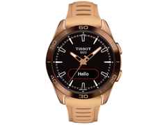 Tissot T-Touch Connect Sport Quarz Titan Roségoldfarben-PVD 43mm schwarzes Zifferblatt beiges Silikonband – Herrenuhren Uhr Multifunktion aus Kautschuk, Keramik, PVD beschichtet und Titan. Das Gehäuse ist rund und silber. Das Kautschuk / Kunststoff / Silikon Armband ist beige. Das Zifferblatt ist digital und schwarz.