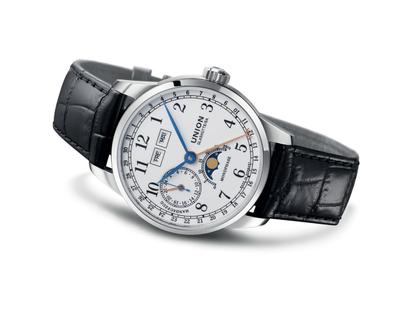 Union Glashütte 1893 Johannes Dürrstein Edition Mondphase Handaufzug Edelstahl 41mm weißes Zifferblatt schwarzes Lederband – Herrenuhren Uhr mit Kalender aus Edelstahl. Das Gehäuse ist rund und silber. Das Lederarmband ist schwarz. Das Zifferblatt ist arabisch und weiß. – Ansicht 2