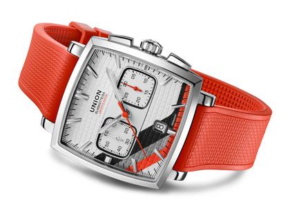 Union Glashütte Averin Chronograph Sachsen Classic 2026 Limited Edition Automatik Edelstahl 41mm graues Zifferblatt rotes Kautschukband und graues Lederband – Herrenuhren Chronograph aus Edelstahl, Kautschuk und Leder. Das Gehäuse ist quadratisch und silber. Das Lederarmband ist grau. Das Zifferblatt ist ein Index in grau. – Ansicht 4