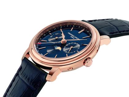 Frederique Constant Classics Index Business Timer Quarz Edelstahl roségold 40mm blaues Zifferblatt blaues Lederband – Herrenuhren Uhr mit Datum aus Edelstahl, Leder, PVD beschichtet und vergoldet. Das Gehäuse ist rund und roségold. Das Lederarmband ist blau. Das Zifferblatt ist ein Index in blau. – Ansicht 2