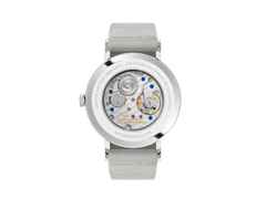 Nomos Glashütte Tangente 38 Datum "175 Years Watchmaking - Katzengold" Handaufzug Edelstahl gelbes Zifferblatt graues Textilband Glasboden – Herrenuhren Uhr mit Datum aus Edelstahl. Das Gehäuse ist rund und silber. Das Textilarmband ist grau. Das Zifferblatt ist arabisch Index und gelb. – Ansicht 2