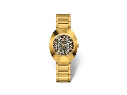 Damenuhren Uhr mit Datum aus Edelstahl, Keramik und PVD beschichtet. Das Gehäuse ist oval und gelbgold. Das Edelstahlarmband ist gelbgold. Das Zifferblatt ist ein Index in schwarz.