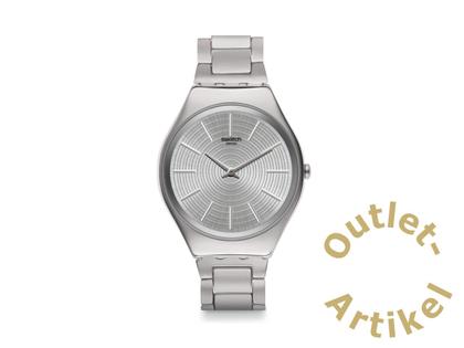 Swatch Skin Irony "Greytralize" Quarz Edelstahl 38mm silberfarbenes Zifferblatt Metallband – Herrenuhren Uhr ohne Datum aus Edelstahl. Das Gehäuse ist rund und silber. Das Edelstahlarmband ist silber. Das Zifferblatt ist ein Index in silber.