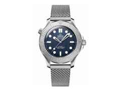 Omega Seamaster Diver 300M  Automatik Edelstahl 42mm James Bond Edition blaues Zifferblatt Metallband – Herrenuhren Uhr ohne Datum aus Edelstahl und Keramik. Das Gehäuse ist rund und silber. Das Edelstahlarmband ist silber. Das Zifferblatt ist ein Index in blau.