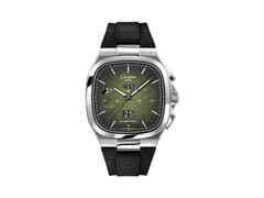 Glashütte Original Seventies Chronograph Panoramadatum Automatik Edelstahl 40mm Fab Green schwarzes Kautschukband – Herrenuhren Chronograph aus Edelstahl. Das Gehäuse ist quadratisch und silber. Das Kautschuk / Kunststoff / Silikon Armband ist schwarz. Das Zifferblatt ist ein Index in grün.