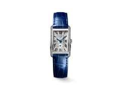 Longines DolceVita   Mini Quarz Edelstahl 21x32mm silbernes Zifferblatt römisch mit Brillanten blaues Lederband – Damenuhren Uhr ohne Datum aus Edelstahl. Das Gehäuse ist rechteckig und silber. Das Lederarmband Kroko / Alligator ist blau. Das Zifferblatt ist römisch und silber.