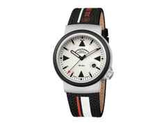 Mühle Glashütte S.A.R. Rescue-Timer LUMEN Automatik 42mm beiges Zifferblatt schwarzes Canvasband – Herrenuhren Uhr mit Datum aus Edelstahl und Kautschuk. Das Gehäuse ist rund und silber. Das Textilarmband ist schwarz. Das Zifferblatt ist ein Index in beige.