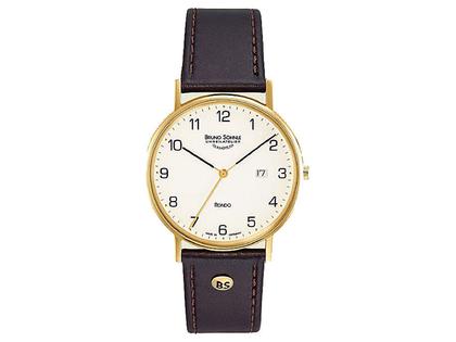 Bruno Söhnle Glashütte Rondo Herrenuhr champagner arabisch IP gelb Lederband – Herrenuhren Uhr mit Datum aus Edelstahl. Das Gehäuse ist rund und gelbgold. Das Lederarmband ist braun. Das Zifferblatt ist arabisch und beige.