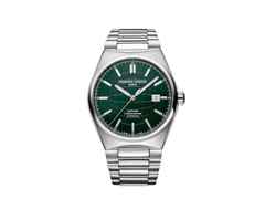 Frederique Constant Highlife Automatic Chronometer Edelstahl 41mm dunkelgrünes Zifferblatt Metallband und Kautschukband – Herrenuhren Uhr mit Datum aus Edelstahl und Kautschuk. Das Gehäuse ist rund und silber. Das Edelstahlarmband ist silber. Das Zifferblatt ist ein Index in grün.