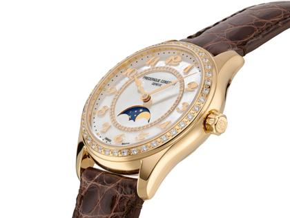 Frederique Constant Classics Elegance Luna Automatik Edelstahl 36mm weißes Zifferblatt braunes Lederband – Damenuhren Uhr ohne Datum aus Edelstahl, Leder und PVD beschichtet. Das Gehäuse ist rund und silber. Das Lederarmband ist braun. Das Zifferblatt ist arabisch und weiß. – Ansicht 2