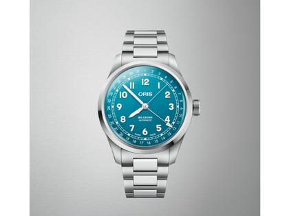 Oris Big Crown Pointer Date Automatik Edelstahl 40mm hellblaues Zifferblatt Metallband – Herrenuhren Uhr mit Datum aus Edelstahl. Das Gehäuse ist rund und silber. Das Edelstahlarmband ist silber. Das Zifferblatt ist arabisch und blau. – Ansicht 6