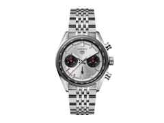 TAG Heuer Carrera Chronograph Automatik Edelstahl 39mm silberfarbenes Zifferblatt Metallband – Herrenuhren Chronograph aus Edelstahl und Keramik. Das Gehäuse ist rund und silber. Das Edelstahlarmband ist silber. Das Zifferblatt ist ein Index in silber.