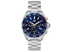 TAG Heuer Formula 1 Chronograph x Red Bull Racing Quarz Edelstahl blaues ZIfferblatt Metallband – Herrenuhren Chronograph aus Edelstahl. Das Gehäuse ist rund und silber. Das Edelstahlarmband ist silber. Das Zifferblatt ist ein Index in blau.