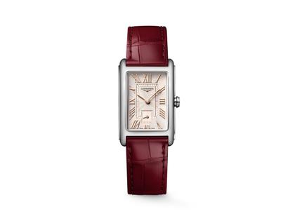 Longines DolceVita Quarz Edelstahl 23x37mm elfenbeinfarbenes Zifferblatt rotes Lederband – Damenuhren Uhr ohne Datum aus Edelstahl und Leder. Das Gehäuse ist rechteckig und silber. Das Lederarmband ist rotgold. Das Zifferblatt ist römisch und beige.