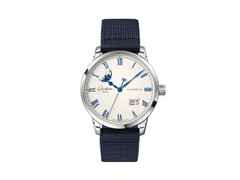 Glashütte Original Senator Excellence Panoramadatum Mondphase Automatik Edelstahl 40mm Frostsilber Zifferblatt blaues Textilband – Herrenuhren Uhr mit Datum aus Edelstahl. Das Gehäuse ist rund und silber. Das Textilarmband ist blau. Das Zifferblatt ist römisch und silber.