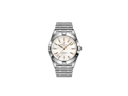 Breitling Chronomat 32 Quarz Edelstahl weißes Zifferblatt mit Brillanten Metallband – Damenuhren Uhr mit Datum aus Edelstahl. Das Gehäuse ist rund und silber. Das Edelstahlarmband ist silber. Das Zifferblatt ist ein Index in weiß.