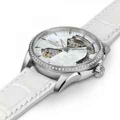 Hamilton Jazzmaster Open Heart Lady Automatik Edelstahl 36mm Perlmutt-Zifferblatt mit Brillanten weißes Lederband – Damenuhren Uhr ohne Datum aus Edelstahl. Das Gehäuse ist rund und silber. Das Lederarmband Kroko / Alligator ist weiß. Das Zifferblatt ist ein Index in weiß. – Ansicht 2