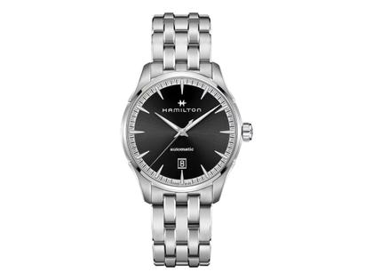 Hamilton Jazzmaster Automatik 40mm schwarzes Zifferblatt Edelstahlband – Herrenuhren Uhr mit Datum aus Edelstahl. Das Gehäuse ist rund und silber. Das Edelstahlarmband ist silber. Das Zifferblatt ist ein Index in schwarz.