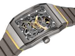 Rado Anatom Automatik Keramik 32,5mm skelettiertes Zifferblatt graues Kautschukband – Damenuhren Uhr ohne Datum aus Edelstahl, Kautschuk, Keramik und PVD beschichtet. Das Gehäuse ist rechteckig und grau. Das Kautschuk / Kunststoff / Silikon Armband ist grau. Das Zifferblatt ist skelettiert und grau. – Ansicht 2