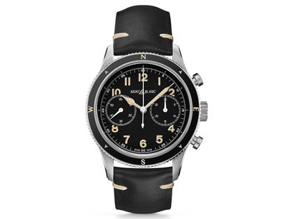 Herrenuhren Chronograph aus Edelstahl, Keramik und Leder. Das Gehäuse ist rund und silber. Das Lederarmband ist schwarz. Das Zifferblatt ist arabisch Index und schwarz.
