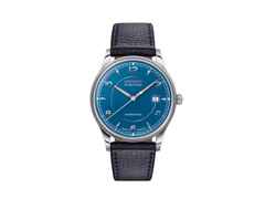 Union Glashütte Noramis  Datum Automatik Edelstahl 40mm blaues Zifferblatt blaues Lederband – Herrenuhren Uhr mit Datum aus Edelstahl. Das Gehäuse ist rund und silber. Das Lederarmband ist blau. Das Zifferblatt ist ein Index in blau.