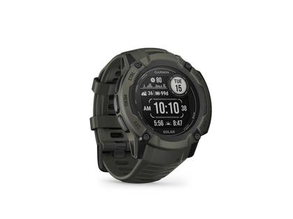 Garmin Instinct 2X Solar faserverstärktes Polymer moosgrün 50 mm Kautschukband moosgrün – Damenuhren Uhr Multifunktion aus Kautschuk und Kunststoff. Das Gehäuse ist rund und grün. Das Kautschuk / Kunststoff / Silikon Armband ist grün. Das Zifferblatt ist digital und schwarz. – Ansicht 5