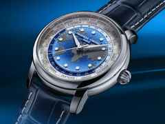 Frederique Constant Manufacture Classic Worldtimer Automatik Edelstahl 40mm blaues Zifferblatt blaues Lederband – Herrenuhren Uhr ohne Datum aus Edelstahl und Leder. Das Gehäuse ist rund und silber. Das Lederarmband Kroko / Alligator ist blau. Das Zifferblatt ist ein Index in blau. – Ansicht 5
