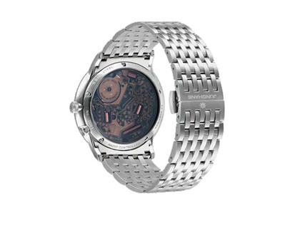Junghans Meister Mega Funkuhr Edelstahl 38mm anthrazitfarbenes Zifferblatt Metallband – Herrenuhren Uhr mit Datum aus Edelstahl. Das Gehäuse ist rund und silber. Das Edelstahlarmband ist silber. Das Zifferblatt ist ein Index in grau. – Ansicht 3