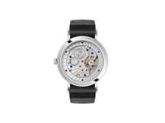 Nomos Glashütte Tangente 2date Handaufzug Edelstahl 38mm weißes Zifferblatt schwarzes Lederband Glasboden – Herrenuhren Uhr mit Datum aus Edelstahl und Leder. Das Gehäuse ist rund und silber. Das Lederarmband ist schwarz. Das Zifferblatt ist arabisch Index und silber. – Ansicht 2